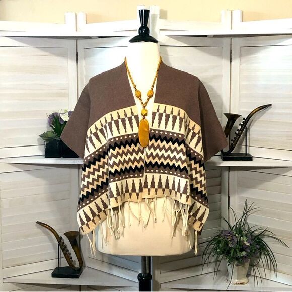 Vintage Western Cream Brown Wool Blend Poncho Cape Large - Picture 1 of 9